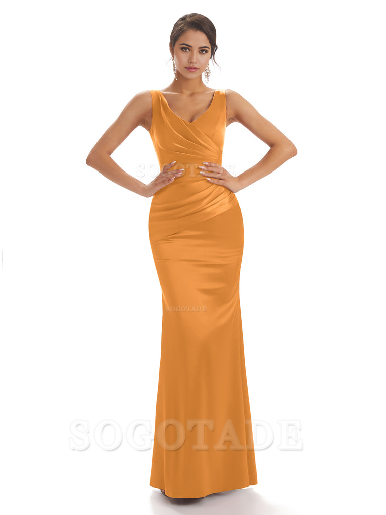 Sheath Sleeveless V-neck Floor-Length Satin formal dresses evening gown Bridesmaid Dresses With Pleats 