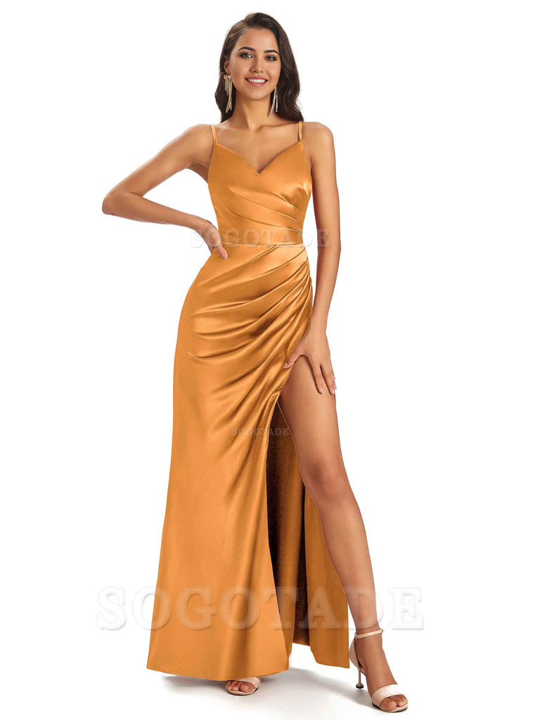 Sheath V-Neck Spaghetti Straps formal dresses evening gown Bridesmaid Dresses With Side Slit 