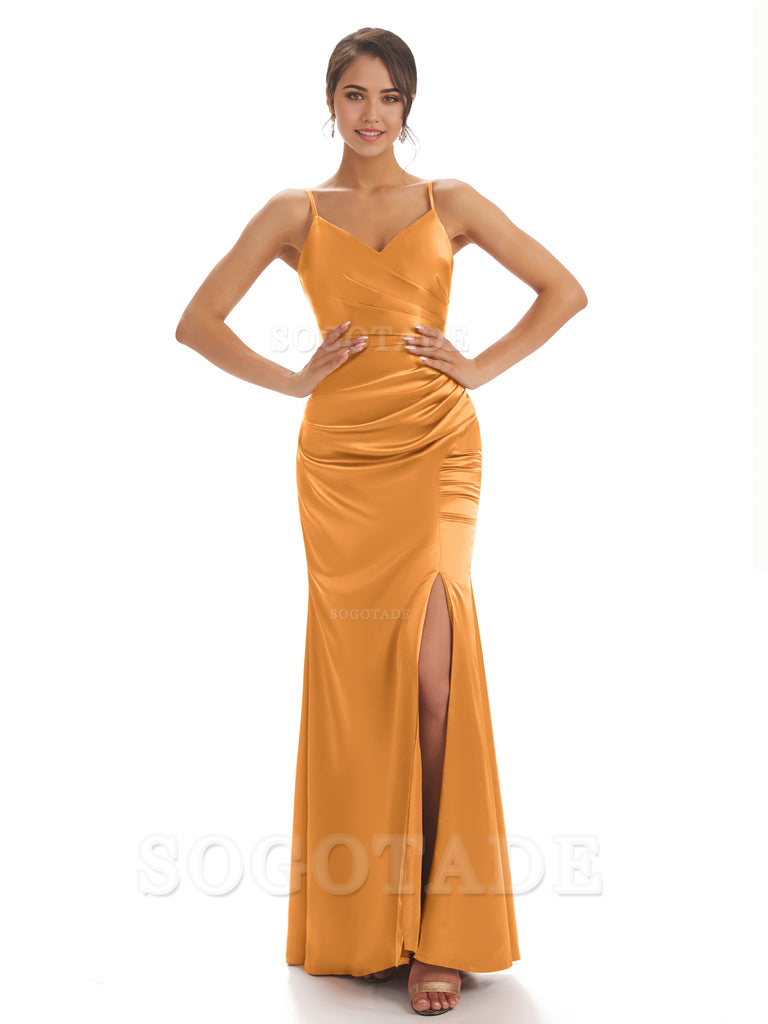 Spaghetti Straps Pleats Satin formal dresses evening gown Bridesmaid Dresses With Side Slit 