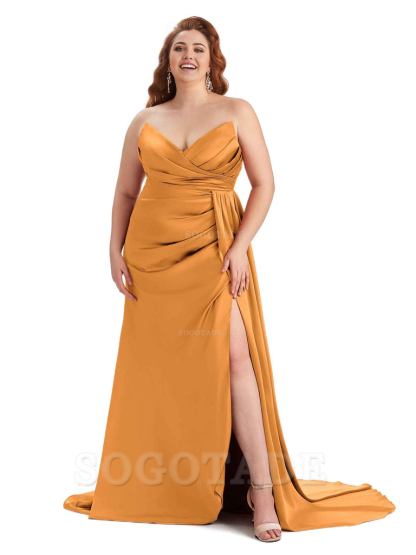 Sexy V-neck Side Slit Sleeveless Mermaid Soft Satin Long Plus Size Bridesmaid Gowns