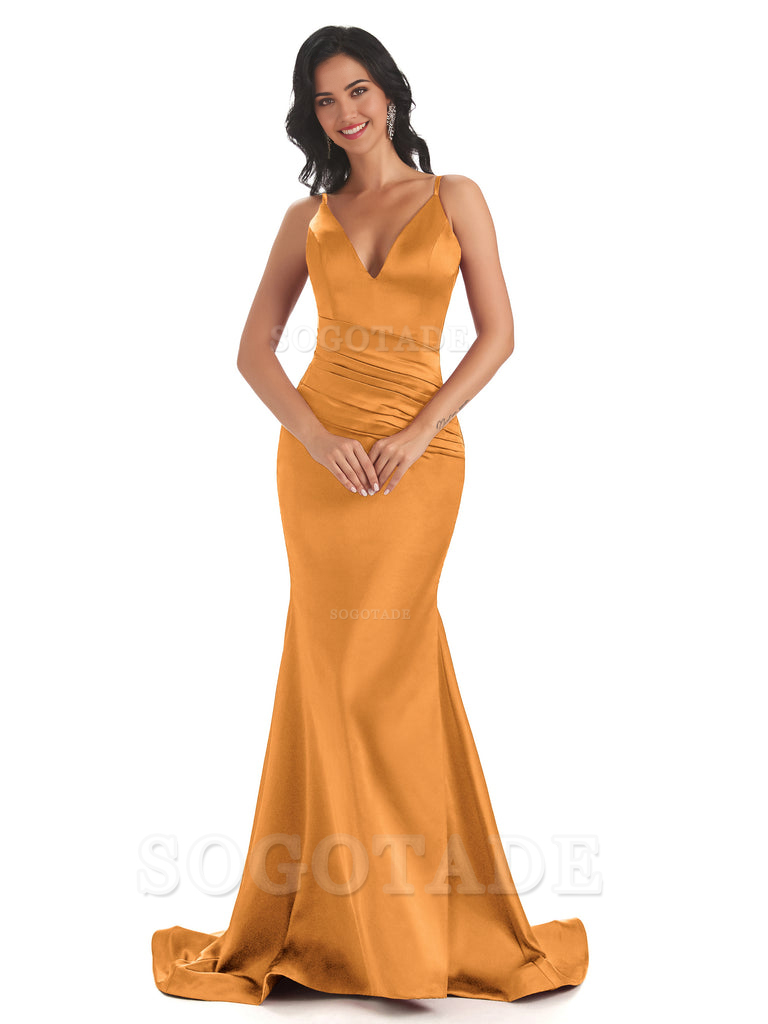 Mermaid Spaghetti V-Neck Straps Satin Long formal dresses evening gown Bridesmaid Dresses With Side Slit 