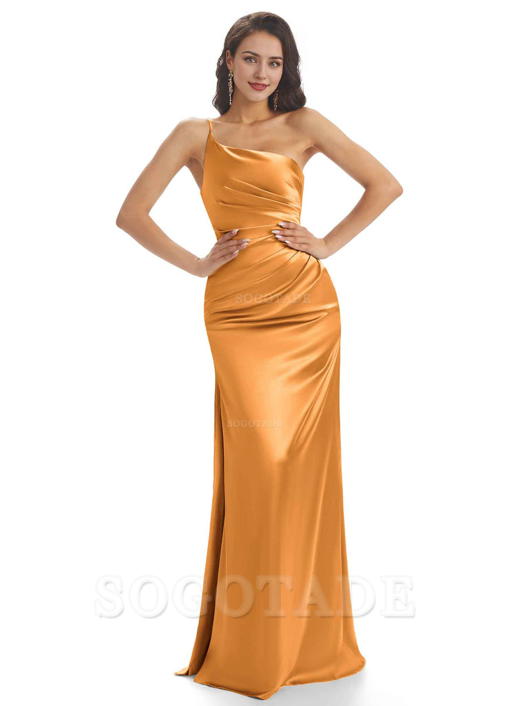Sexy Soft Satin One Shoulder Side Slit Mermaid Long Bridesmaid Dresses prom dress shop ﻿