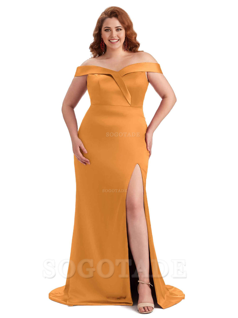 Elegant Off The Shoulder Sleeveless Side Slit Mermaid Soft Satin Long Plus Size Bridesmaid Gowns