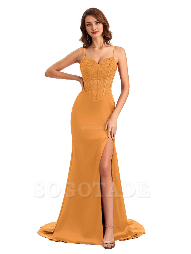 Sexy Side Slit Mermaid Silky Satin V-Neck Lace Unique Long Bridesmaid Dresses