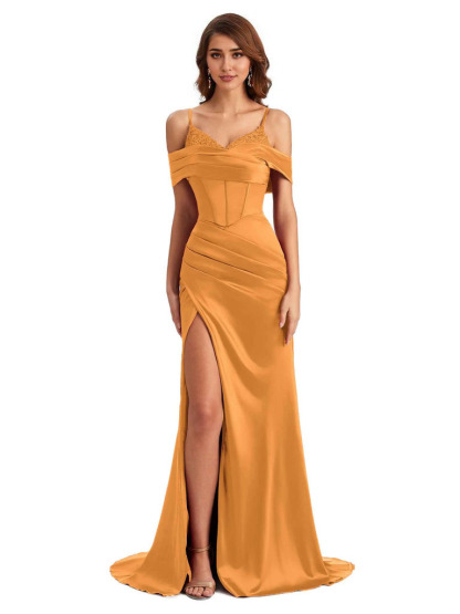  Sexy Side Slit Mermaid Silky Satin V-Neck Cold Shoulder Unique Nice Wedding Guest Dresses