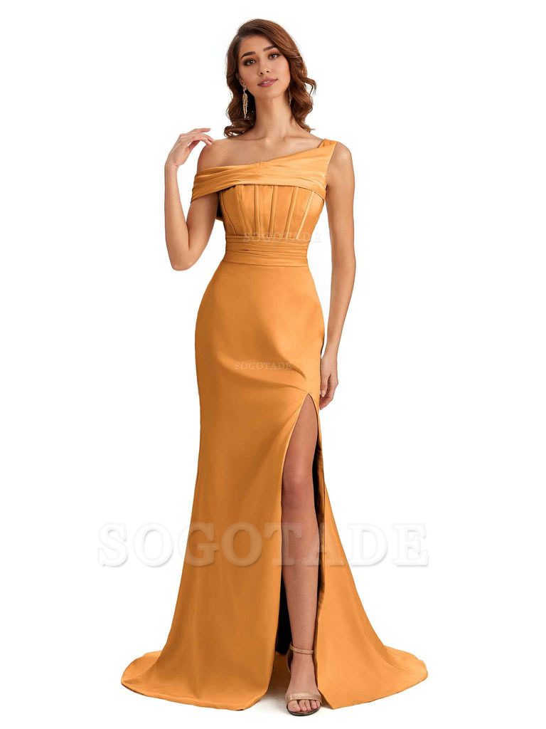 Elegant Asymmetrical Neck Soft Satin Side Slit Long Mermaid Bridesmaid Dresses