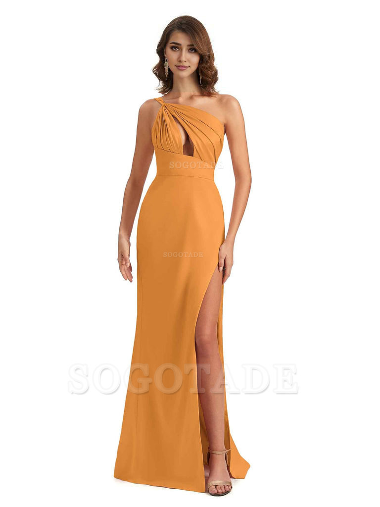 Sexy One Shoulder Silky Satin Unique Long Ladies Bridesmaid Dress For Wedding