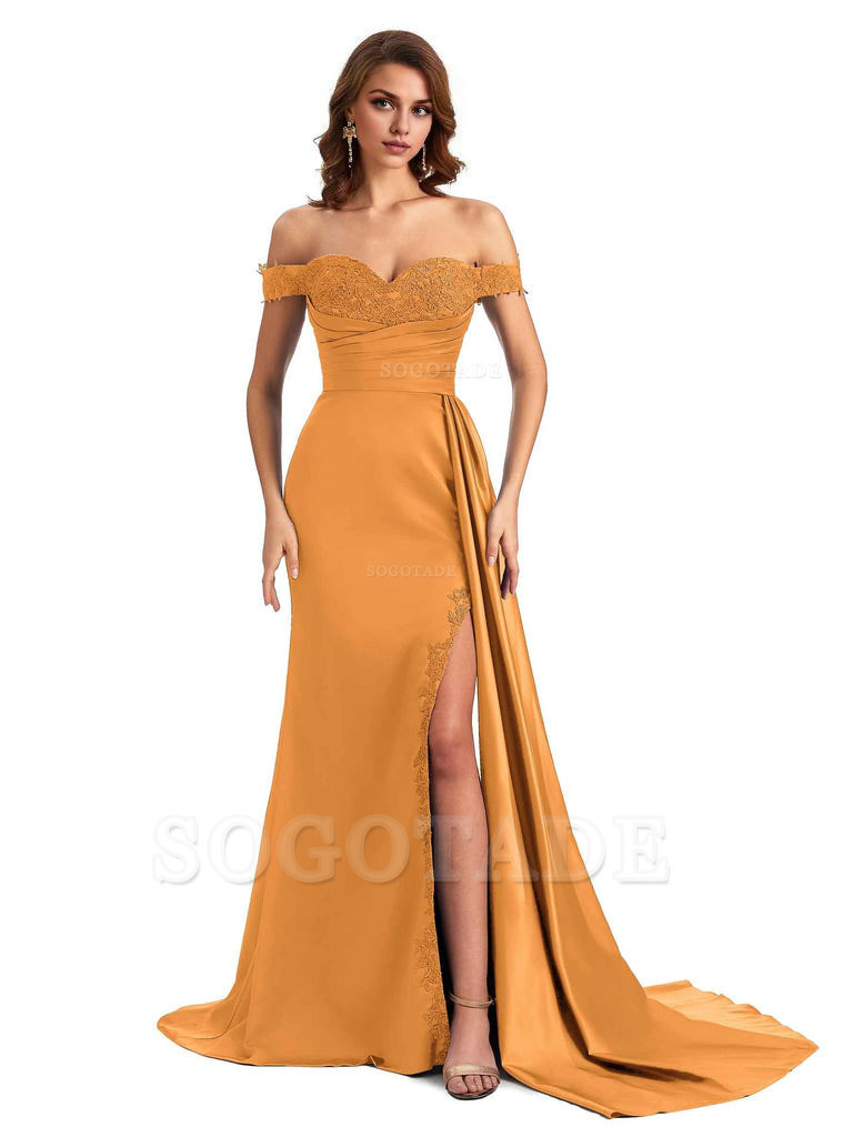 Sexy Off The Shoulder Mermaid Side Slit Silky Satin Long Bridesmaid Dress For Wedding