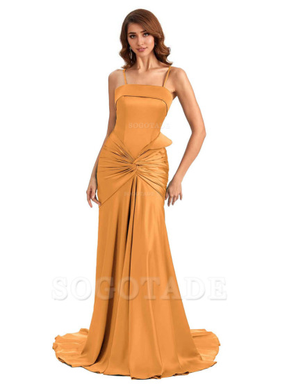 Sexy Mermaid Spaghetti Straps Silky Satin Unique Long Bridesmaid Dress For Wedding