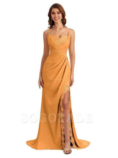 Sexy Side Slit Spaghetti Straps Lace Mermaid Silky Satin Wedding Guest Dresses