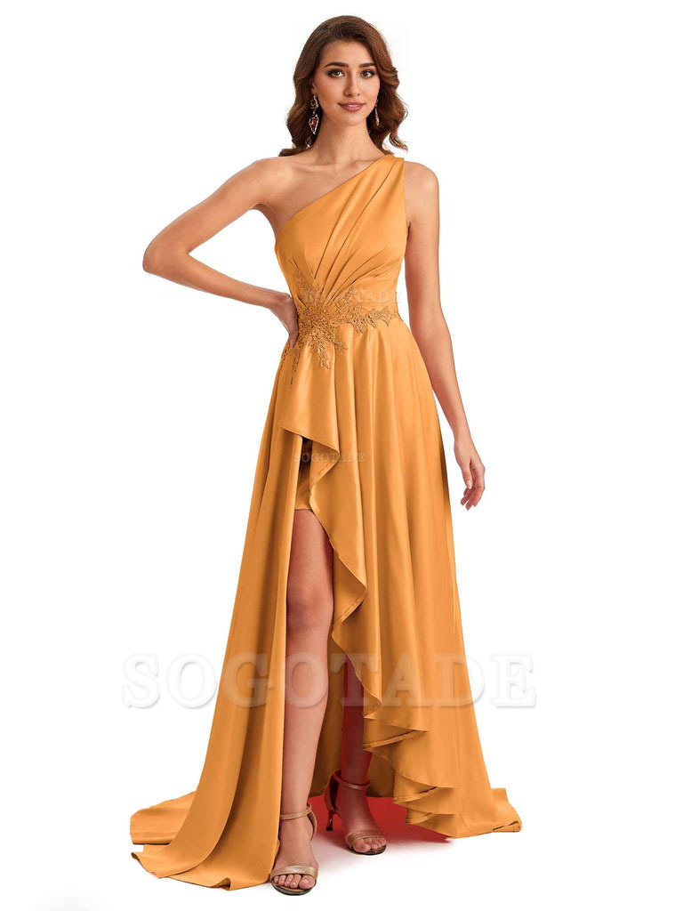 Sexy One Shoulder A-Line High Low Silky Satin Lace Long Formal Wedding Guest Dresses