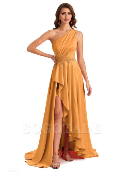 Sexy One Shoulder A-Line High Low Silky Satin Lace Long Formal Wedding Guest Dresses