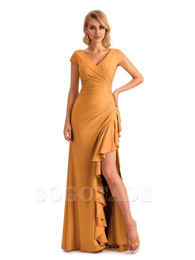 Sexy Side Slit Short Sleeves Mermaid Soft Satin Unique Long Maid Of Honor Dresses