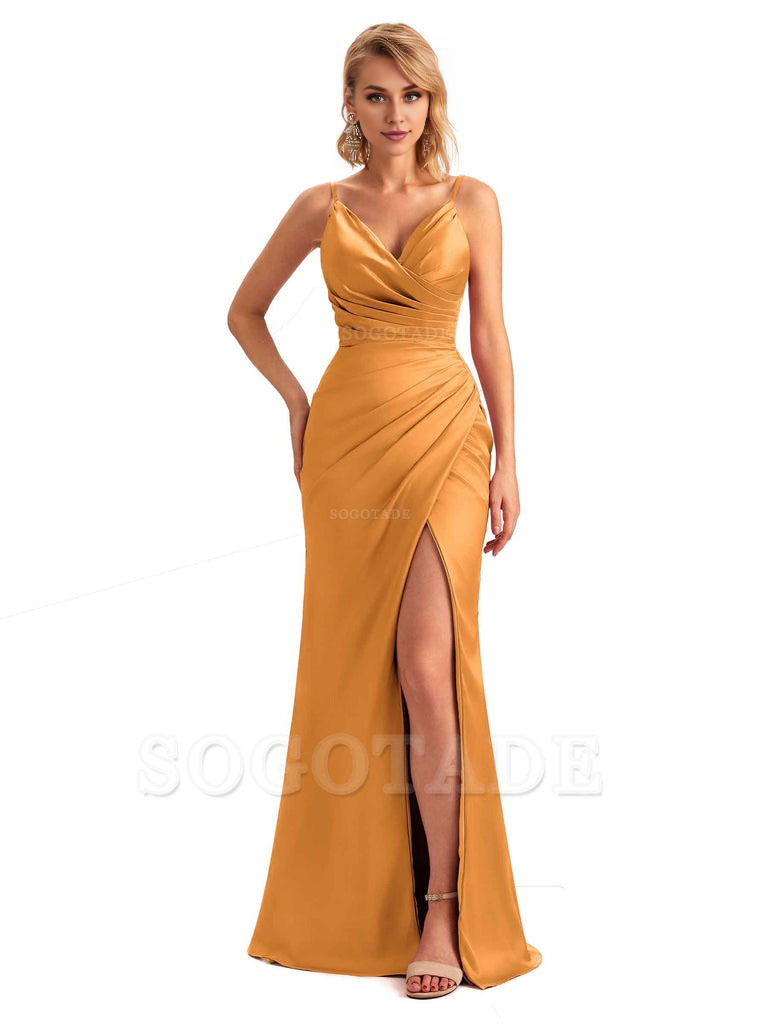 Sexy Side Slit V-Neck Mermaid Silky Satin Unique Long Formal Ladies Bridesmaid Dresses