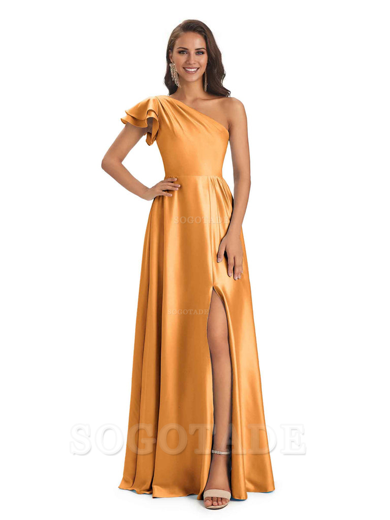 A-Line One Shoulder Ladies Long Bridesmaid Dresses Soft Satin Side Slit Elegant Evening Party Dress