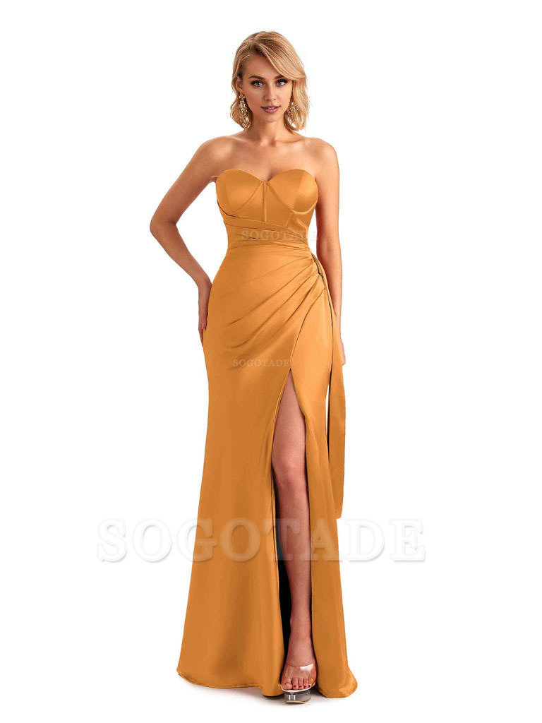 Sexy Side Slit Strapless Mermaid Soft Satin Unique Long Bridesmaid Dress For Wedding