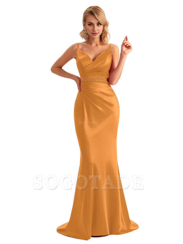  Sexy Backless Mermaid Spaghetti Straps Unique Long Formal Satin Dress For Women
