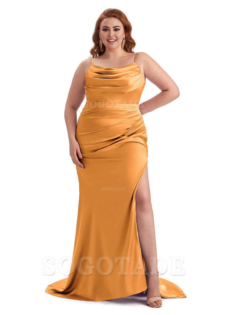 Sexy Jewel Side Slit Mermaid Soft Satin Long Plus Size Bridesmaid Dress For Wedding