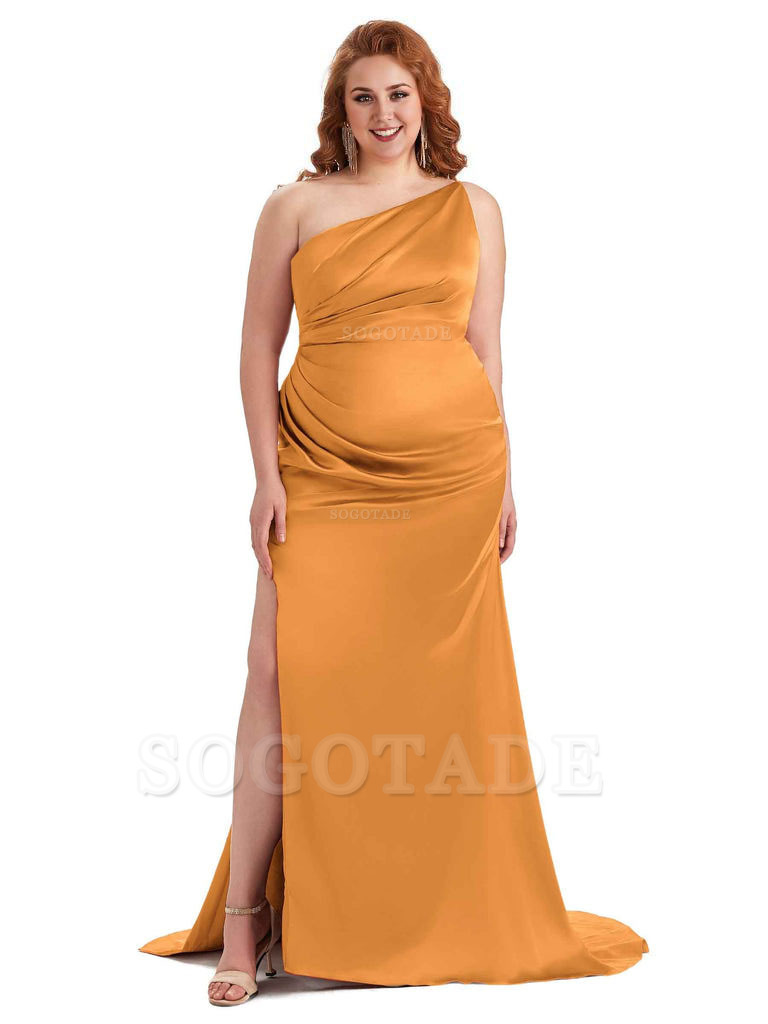 Sexy One Shoulder Side Slit Mermaid Soft Satin Long Plus Size Bridesmaid Dress For Wedding