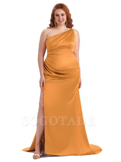 Sexy One Shoulder Side Slit Mermaid Soft Satin Long Plus Size Bridesmaid Dress For Wedding