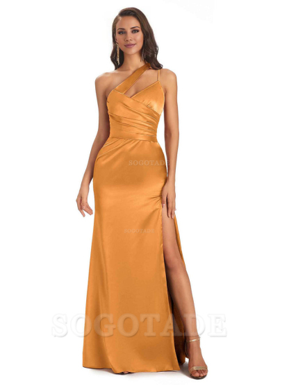Elegant Soft Satin Side Slit One Shoulder Floor-Length Maxi Bridesmaid Dresses Evening Party Dress
