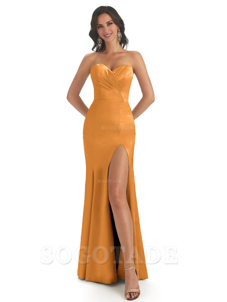 Simple Soft Satin Side Slit Sweetheart Long Mermaid Bridesmaid Dresses Elegant Evening Party Dress