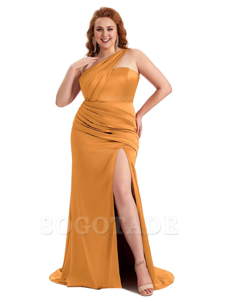 Sexy Side Slit One Shoulder Mermaid Soft Satin Long Plus Size Matron of Honor Dress For Wedding