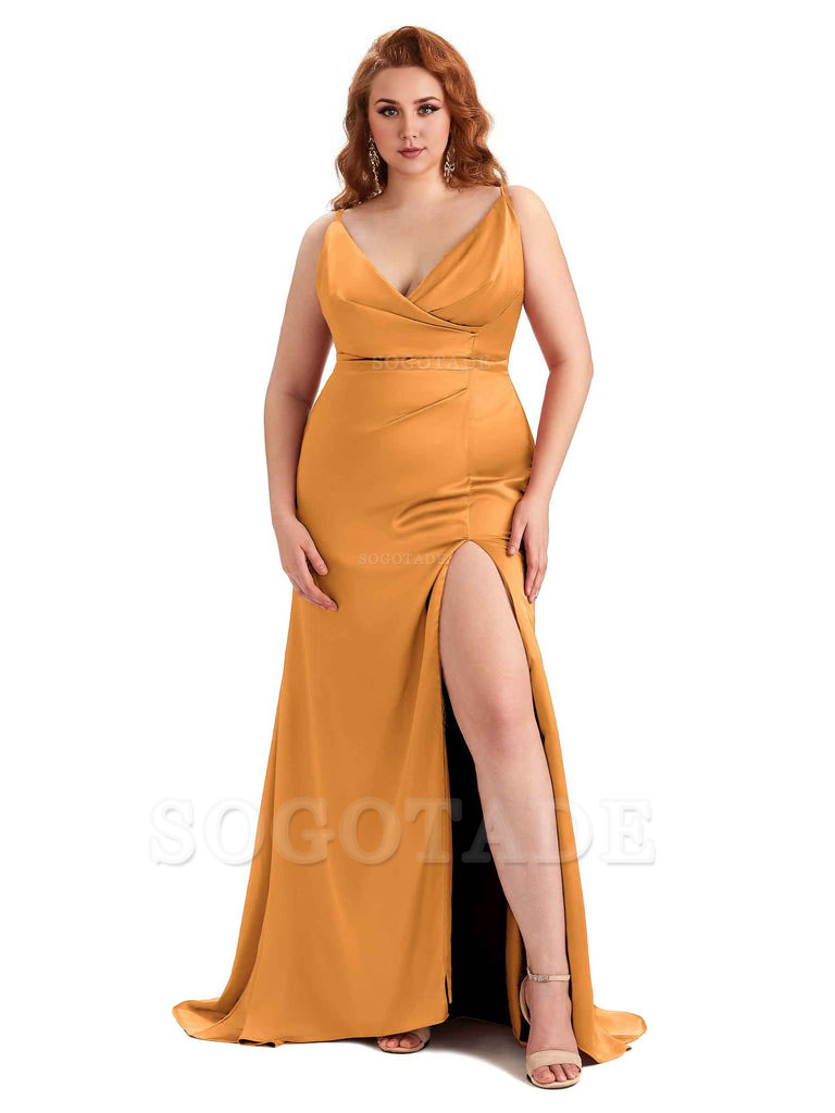 Sexy Side Slit Spaghetti Straps Mermaid Soft Satin Fashion Bridesmaid Dresses