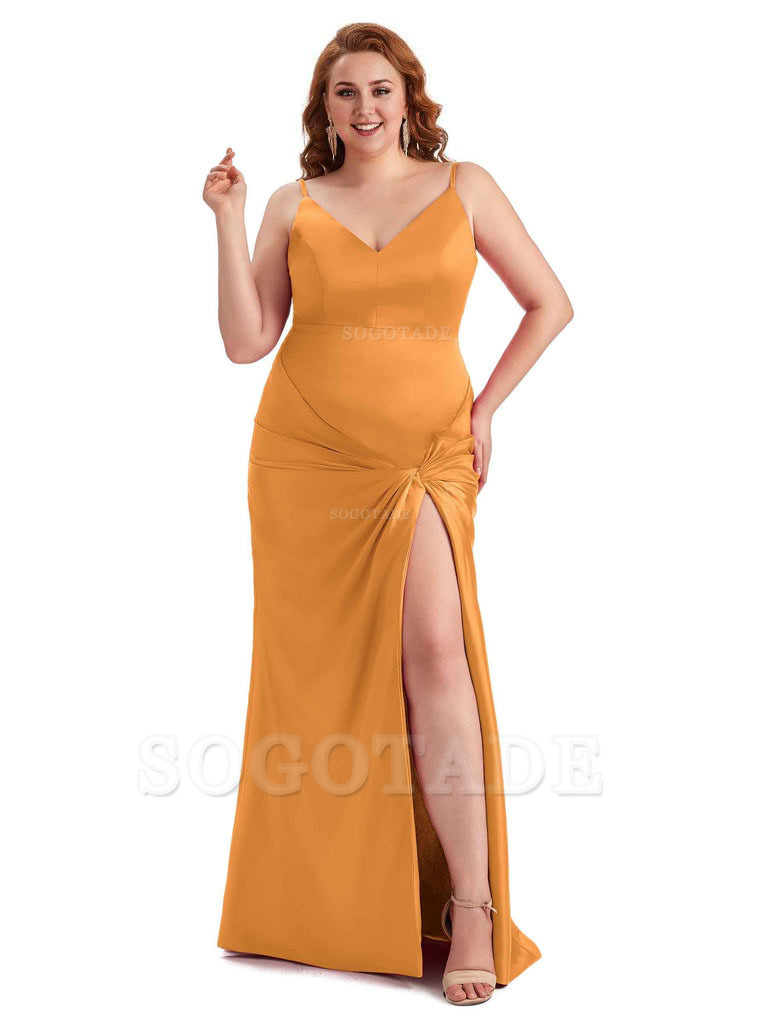 Sexy Spaghetti Straps V-neck Side Slit Mermaid Soft Satin Long Plus Size Bridesmaid Dress