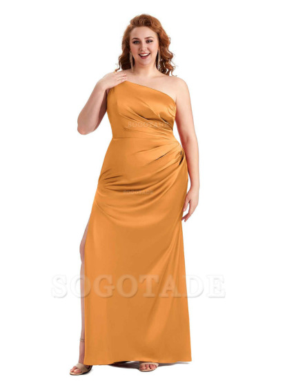 Sexy Side Slit One Shoulder Mermaid Soft Satin Long Plus Size Maid of Honour Dresses