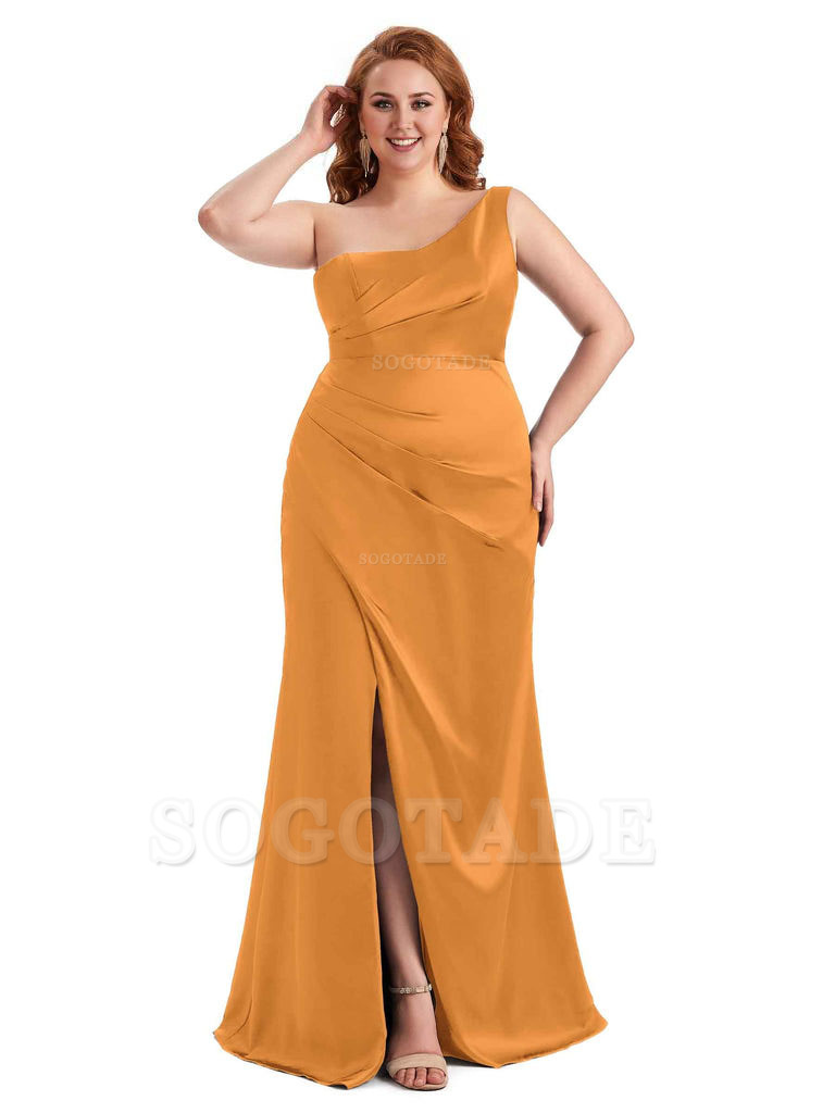 Sexy Side Slit One Shoulder Mermaid Long Plus Size Satin Maxi Dresses