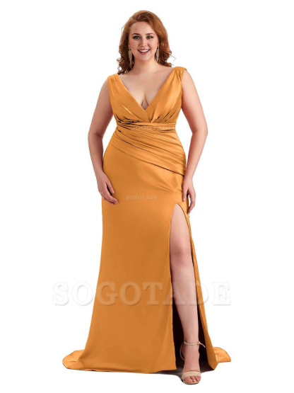 Elegant V-neck Side Slit Mermaid Soft Satin Long Plus Size Bridesmaid Dress For Wedding