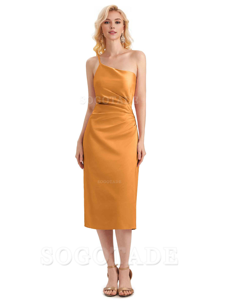 Sexy Soft Satin Side Slit One Shoulder Satin Midi Bridesmaid Dresses Online