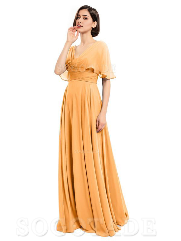  V-Neck Cap Sleeves Sleeves Chiffon Long Elegant Bridesmaid Dresses Formal Wear Dresses