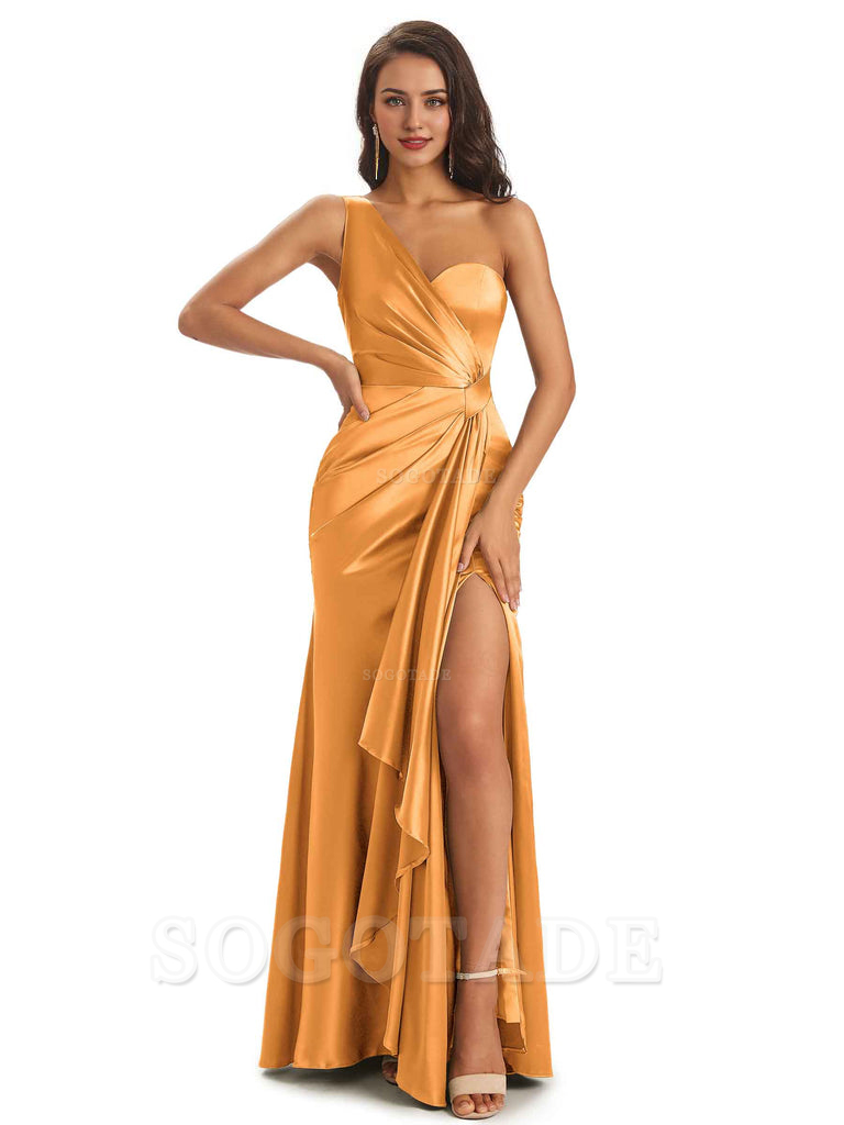 Elegant Soft Satin Side Slit One Shoulder Unique Mermaid Bridesmaid Dresses Online prom dresses shops