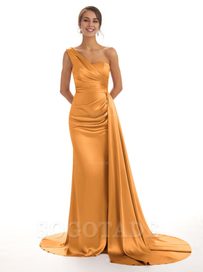 Elegant One Shoulder Soft Satin Unique Mermaid Long Bridesmaid Dresses Online prom dresses shops