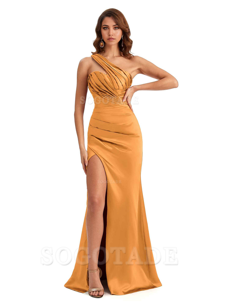 Sheath One shoulder Satin formal dresses evening gown Bridesmaid Dresses With Side Slit 
