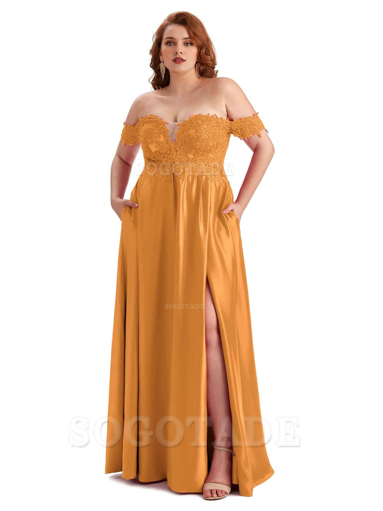 Off Shoulder Side Slit Lace Soft Satin Long Plus Size Bridesmaid Dresses For Wedding