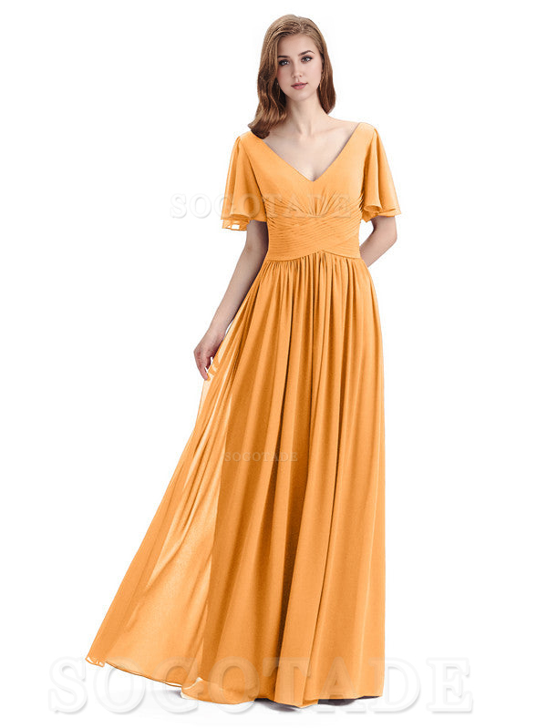 A-Line Chiffon Short Sleeves Elegant Floor-Length Bridesmaid Dresses Formal Women's Dresses Wedding Guests Dresses