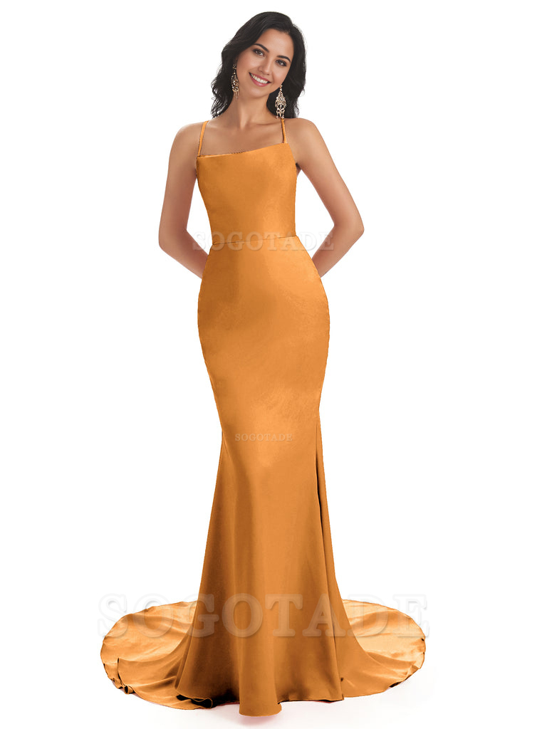 Mermaid Spaghetti Backless Straps Satin Long formal dresses evening gown Bridesmaid Dresses