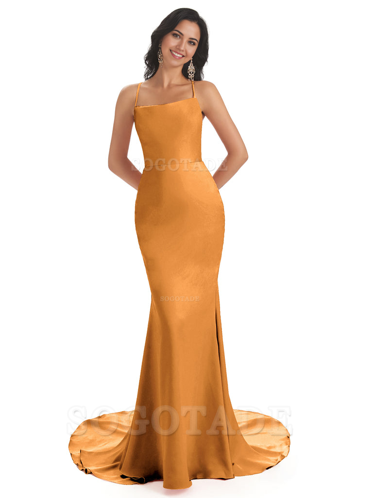 Mermaid Spaghetti Backless Straps Satin Long formal dresses evening gown Bridesmaid Dresses