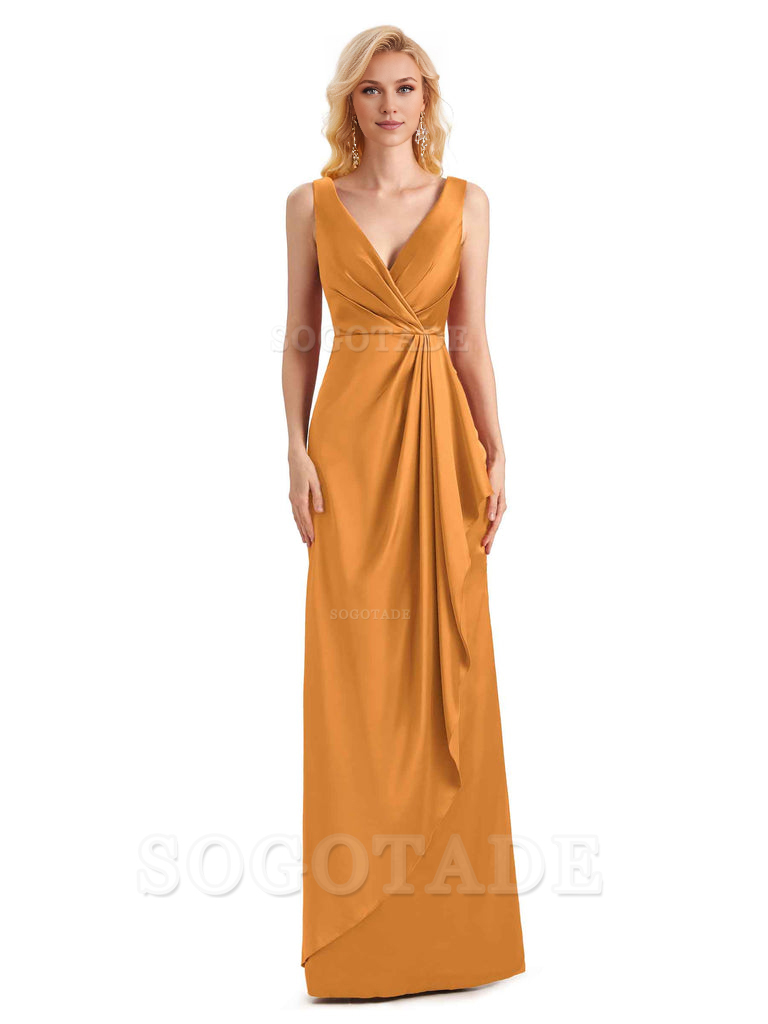 V Neck Elegant Soft Satin Formal Long Maid Bridesmaid Dresses Formal Wear Dresses