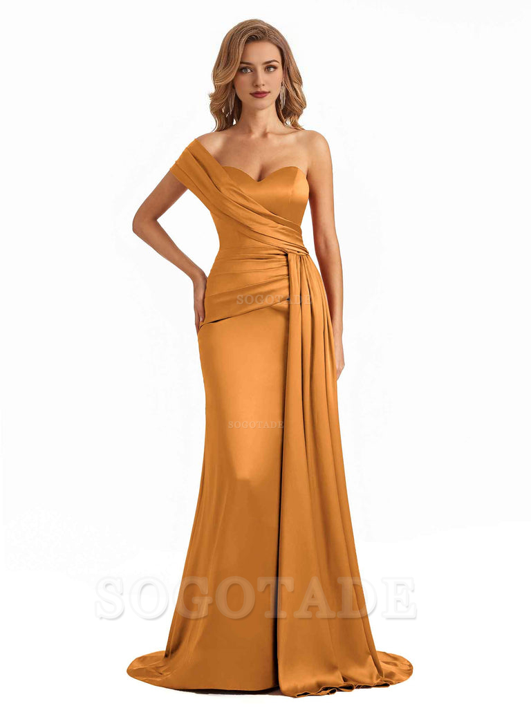 Elegant One Shoulder Soft Satin Long Mermaid Bridesmaid Dresses Online prom shop dresses ﻿