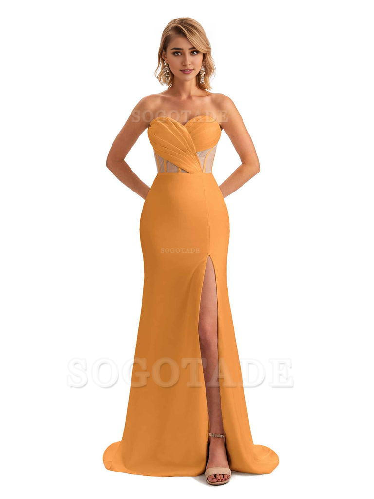 Sexy Sweetheart Strapless Side Slit Mermaid Soft Satin Unique Long Bridesmaid Dress For Wedding
