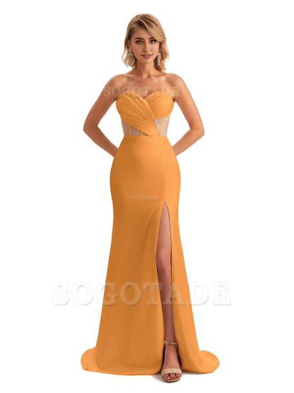 Sexy Sweetheart Strapless Side Slit Mermaid Soft Satin Unique Long Bridesmaid Dress For Wedding