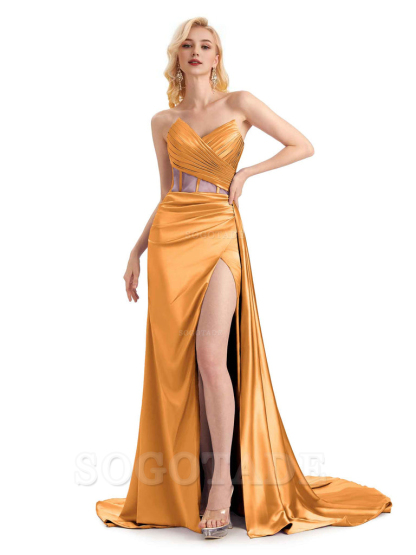 Sexy Soft Satin Side Slit See Through Floor-Length Long Mermaid Bridesmaid Dresses prom shop dresses