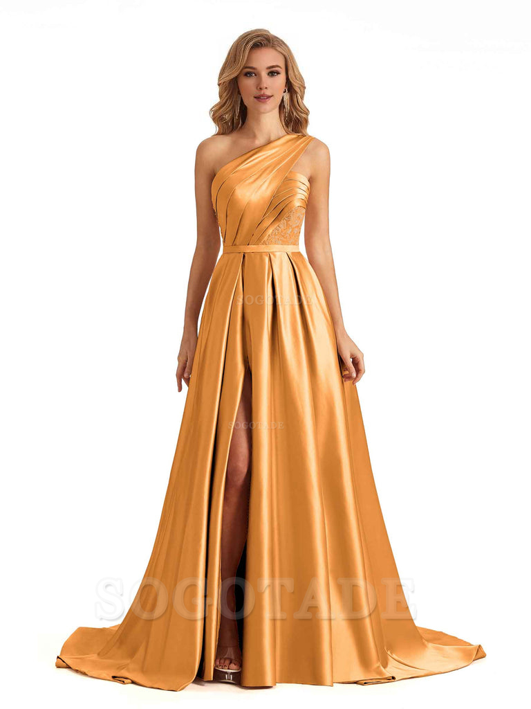 Sexy Side Slit One Shoulder A-Line Soft Satin Long Bridesmaid Dresses Online prom dress in store