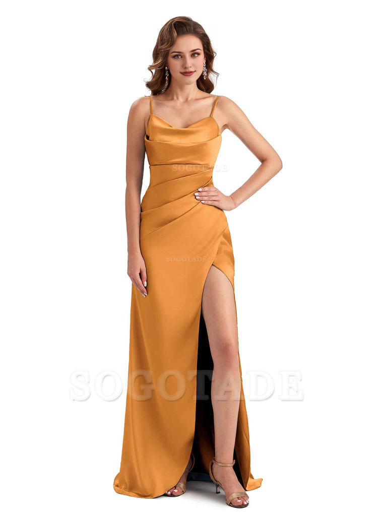 Soft Satin Side Slit Spaghetti Straps Sexy Wedding Bridesmaid Dresses