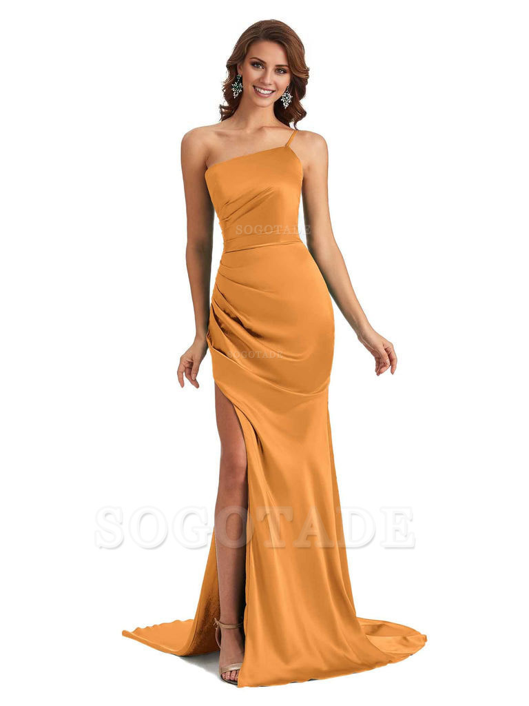Sexy Silky Satin Side Slit One Shoulder Unique Long Wedding Guest Maxi Dresses