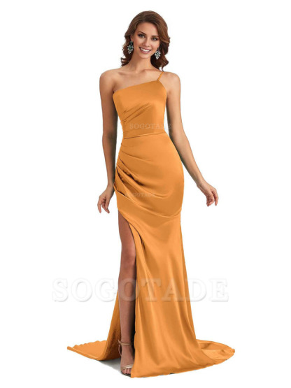 Sexy Silky Satin Side Slit One Shoulder Unique Long Wedding Guest Maxi Dresses